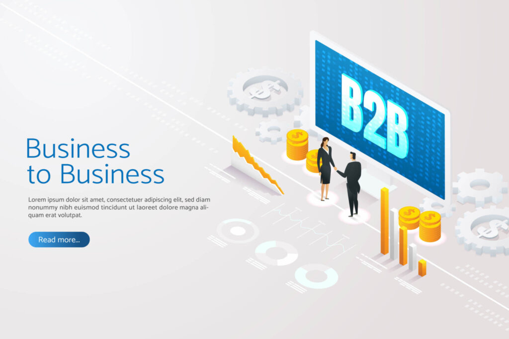 Business people shaking hands computer screen protector B2B Business-to-Business Selling Technology Marketing.