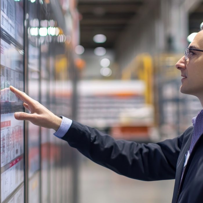 Man with glasses in a suite touching a touchscreen display