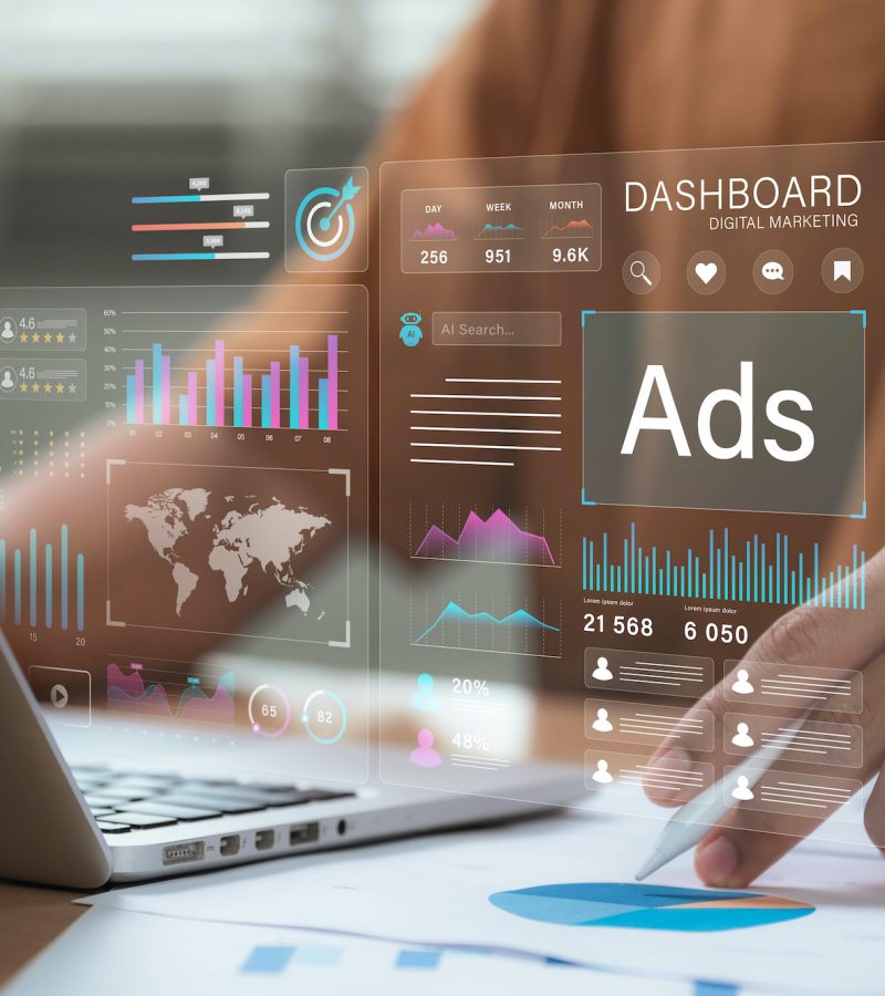Digital advertising and marketing analytics concept. professional analyzes ad performance dashboard, showcasing customer engagement insights, social media strategy, audience targeting, ROI measurement