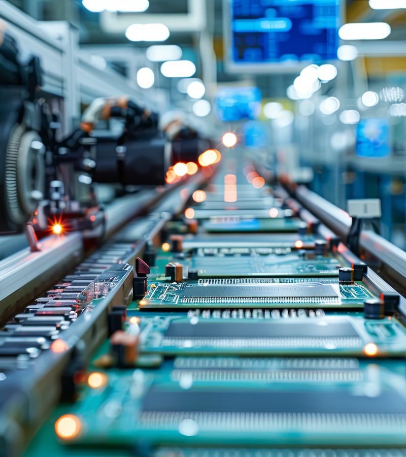 Automated electronics assembly line with robotic arms placing components on circuit boards in a high-tech manufacturing facility