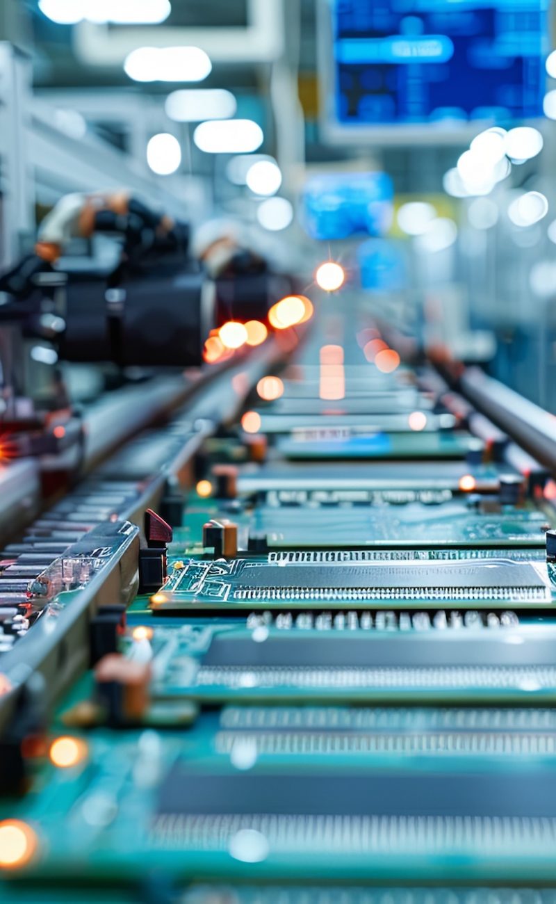 Automated electronics assembly line with robotic arms placing components on circuit boards in a high-tech manufacturing facility