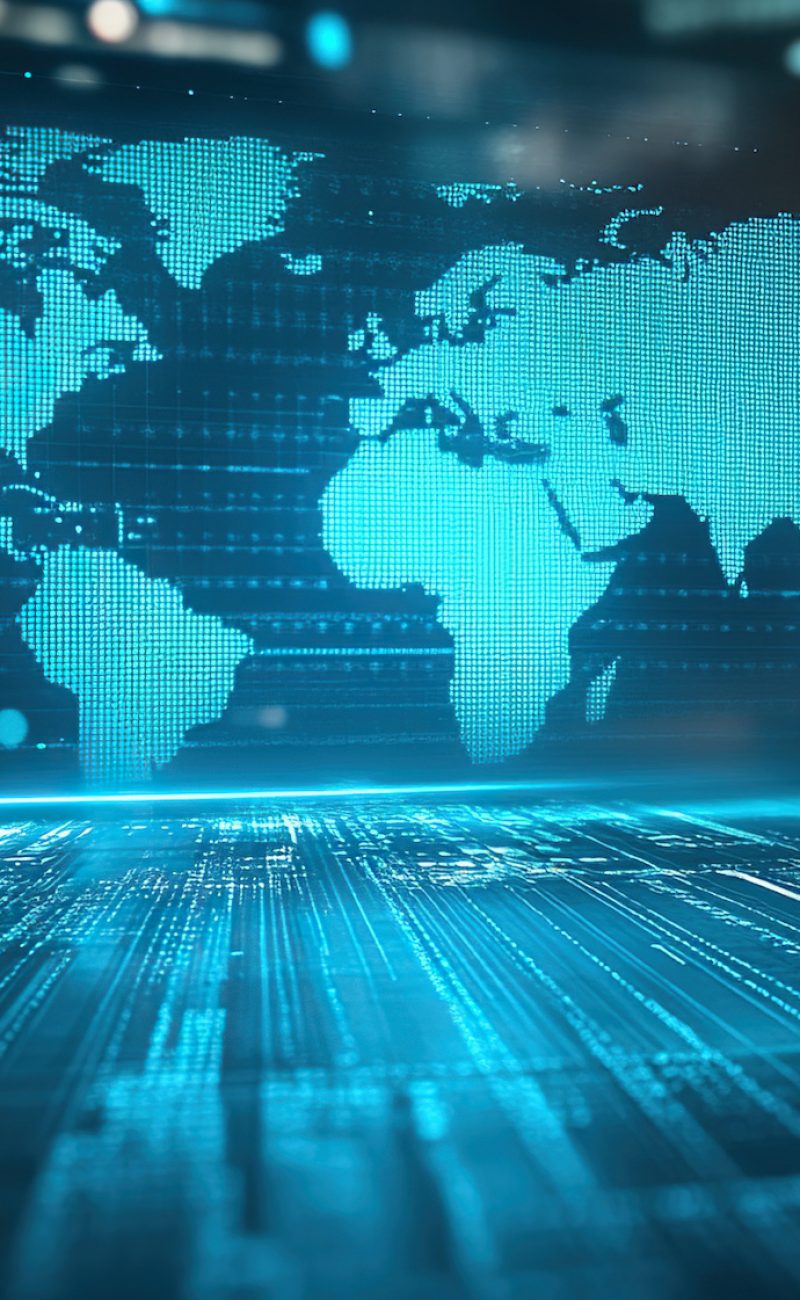 A TV news set background featuring a digital world map, illuminated with bright lights and modern graphics. The design conveys a global perspective, perfect for international news broadcasts and live