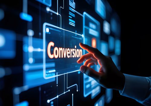 A human hand interacts with a digital conversion interface, illuminating a futuristic technology display. The neon-glowing screen suggests data transformation and online optimization within a modern business context. This image depicts the future of marketing, providing a visual for concepts such as progress, innovation, and virtual networking. Ideal for illustrating digital processes, analytics, and successful online marketing campaigns.