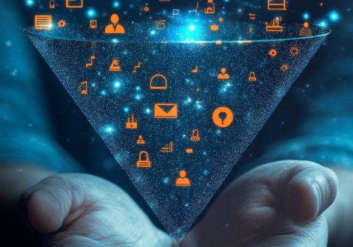 Person holding digital marketing funnel showing process of converting prospects to customers