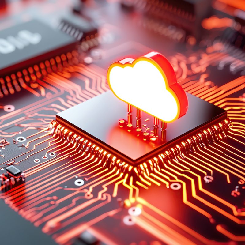 A glowing cloud icon is integrated into circuit board, symbolizing cloud computing technology and digital connectivity. image highlights concept of multi cloud infrastructures and data processing