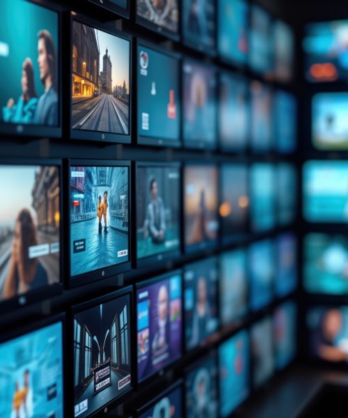 Wall of TVs displays various media content. Different tech screens show diverse images videos. Perfect for media tech advertising concepts. Modern display wall shows diverse content. Visual display