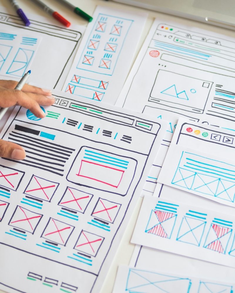 Website designer Creative planning application developer development draft sketch drawing template layout prototype framework wireframe design studio . User experience concept .